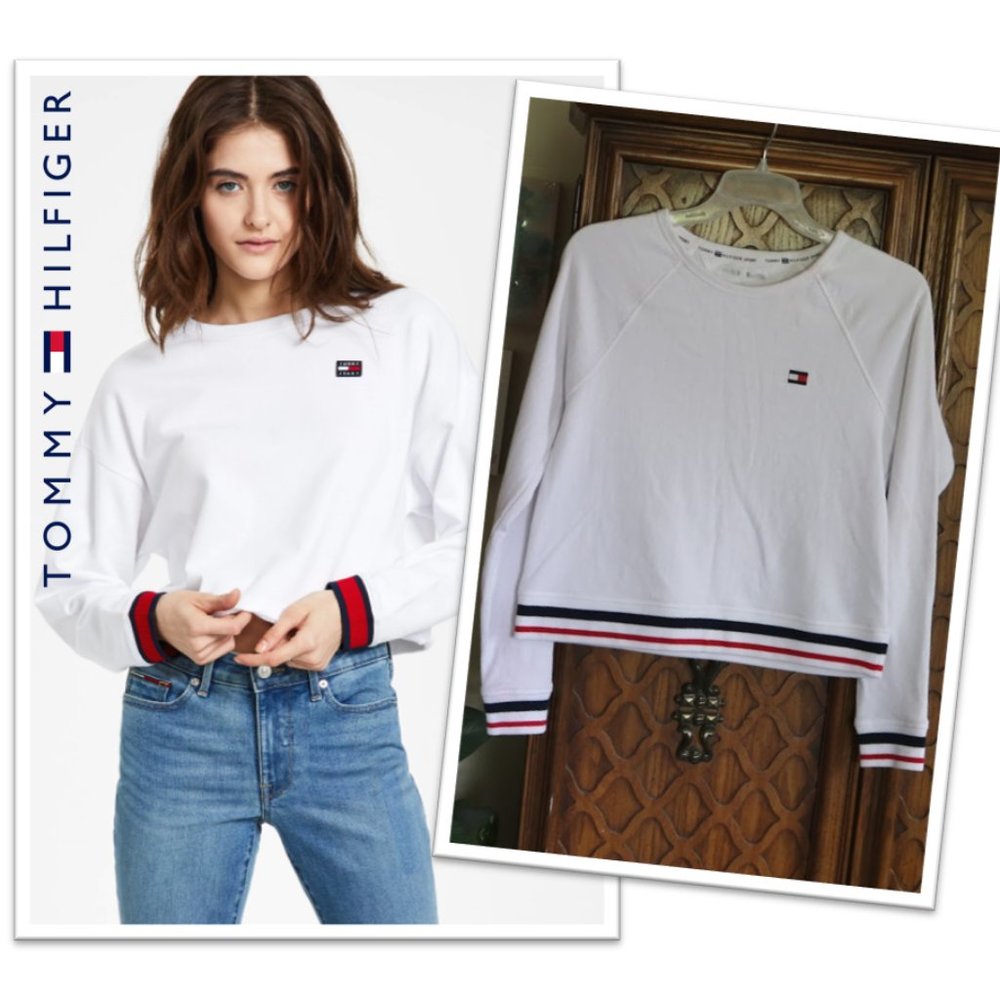 TOMMY HILFIGER SPORT Oversized Cropped Sweatshirt - White/stripes, Size S